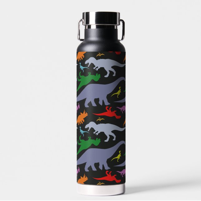 Colorful Dinosaur Pattern (Dark) Water Bottle (Front)