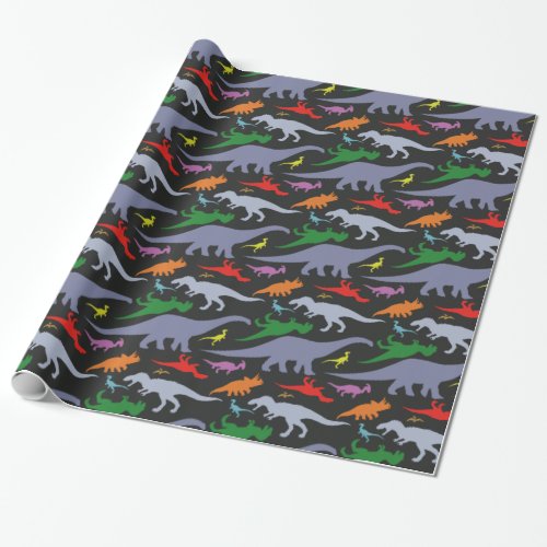 Colorful Dinosaur Pattern Dark Wrapping Paper