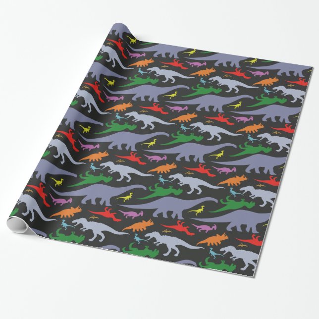 Colorful Dinosaur Pattern (Dark) Wrapping Paper (Unrolled)