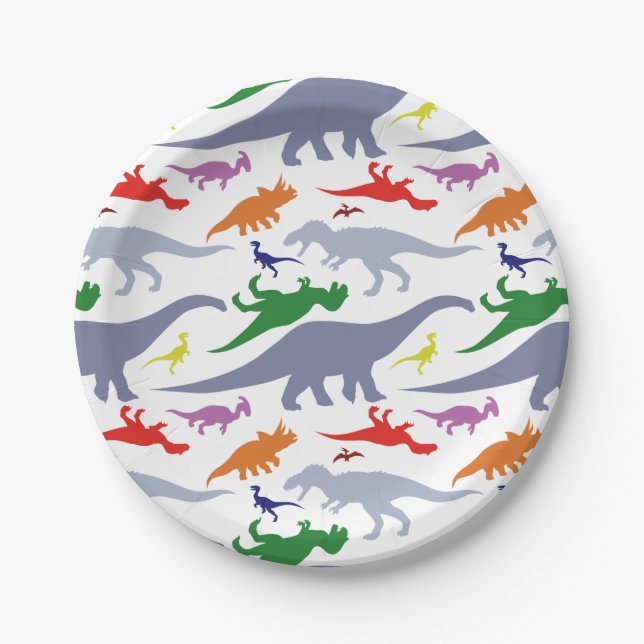 Colorful Dinosaur Pattern (Light) Paper Plates (Front)