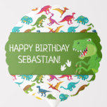 Colorful Dinosaur Pattern T-Rex Birthday Party Balloon<br><div class="desc">Does your little boy or girl love dinosaurs? This custom birthday party balloon is perfect! There's a big T-Rex, dinosaur footprints and your little kid's name on white, the text Happy Birthday, a green background, and a fun colorful dino pattern. This bday balloon makes a great personalized addition to your...</div>