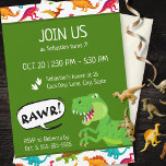 Colorful Dinosaur Pattern T-Rex Birthday Party Invitation<br><div class="desc">Does your little boy or girl love dinosaurs? This custom birthday party invitation is perfect! There's a big T-Rex saying RAWR, dinosaur footprints and your little kid's name on white, a green background, and a fun colorful dino pattern. This bday invite makes a great personalized addition to your birthday celebration...</div>