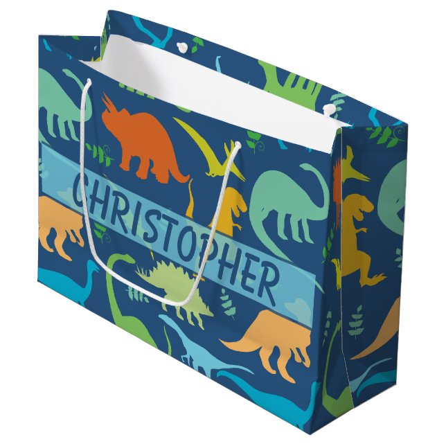 Colorful Dinosaur Pattern to Personalize Large Gift Bag (Front Angled)