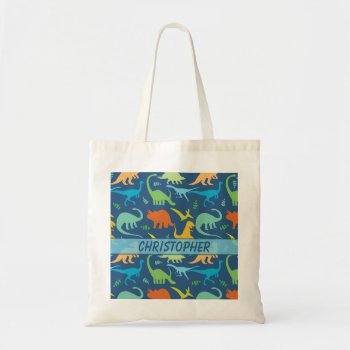 Colorful Dinosaur Pattern To Personalize Tote Bag by ironydesigns at Zazzle