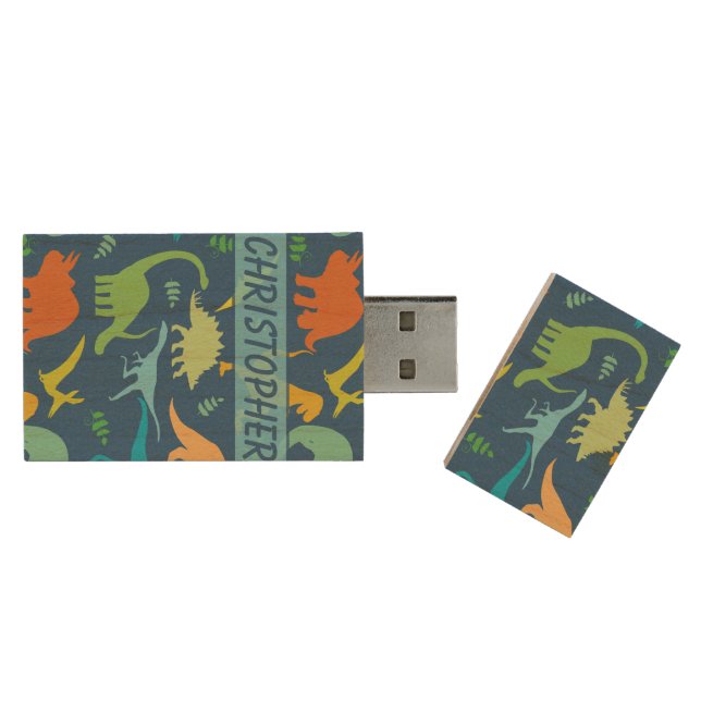 Colorful Dinosaur Pattern to Personalize Wood USB Flash Drive (Opened)