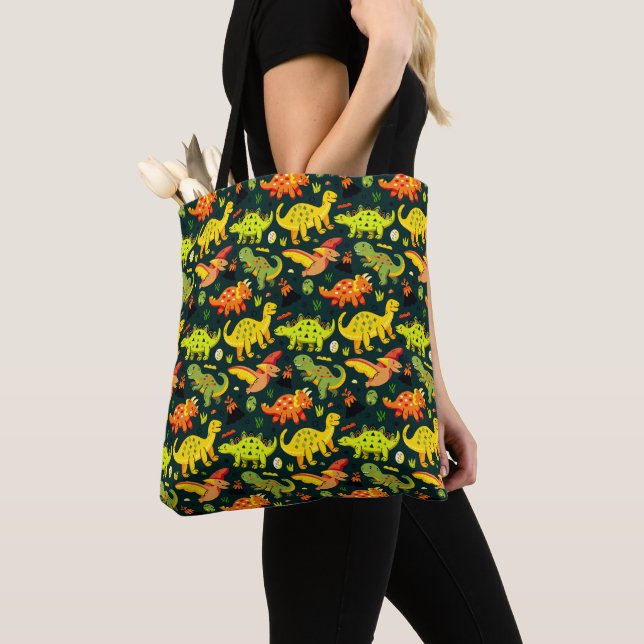 Colorful Dinosaur Pattern Tote Bag (Close Up)