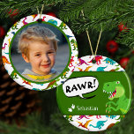 Colorful Dinosaur Pattern w Name + Photo Christmas Ceramic Ornament