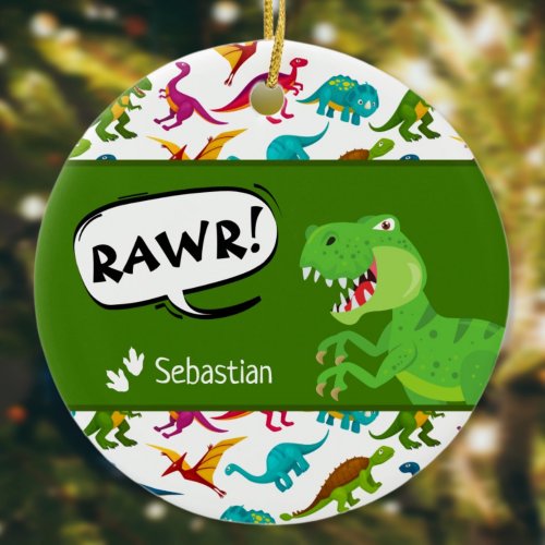 Colorful Dinosaur Pattern w Name T_Rex Christmas Ceramic Ornament
