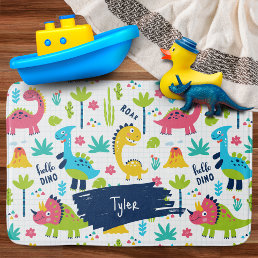Colorful Dinosaur Pattern with Kids Name Bathroom Bath Mat