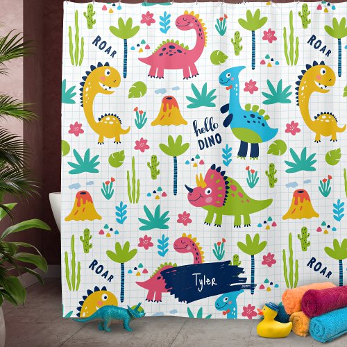 Colorful Dinosaur Pattern with Kids Name Bathroom Shower Curtain