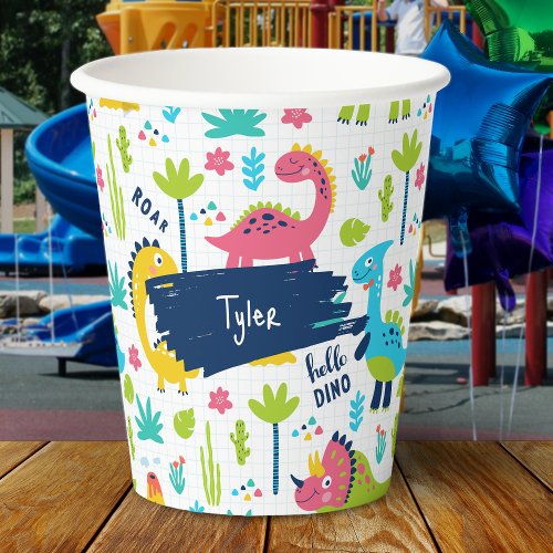 Colorful Dinosaur Pattern with Kids Name Birthday Paper Cups