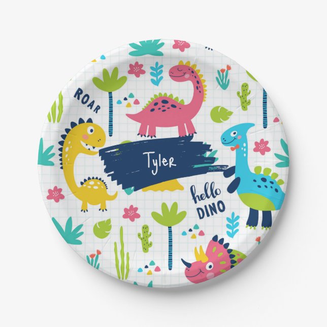 Colorful Dinosaur Pattern with Kids Name Birthday Paper Plates (Front)