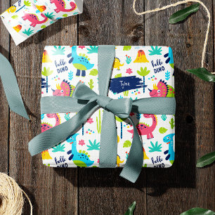 Colorful Dinosaur Pattern with Kids Name Birthday Wrapping Paper