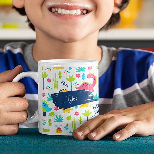 Colorful Dinosaur Pattern with Kids Name Coffee Mug