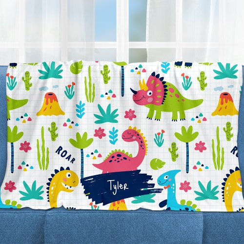 Colorful Dinosaur Pattern with Kids Name Fleece Blanket