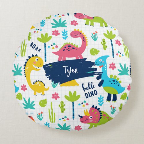 Colorful Dinosaur Pattern with Kids Name Round Pillow