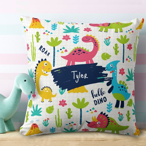 Colorful Dinosaur Pattern with Kids Name Throw Pillow