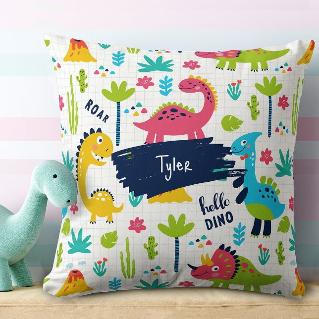 Colorful Dinosaur Pattern with Kids Name Throw Pillow (Creator Uploaded)