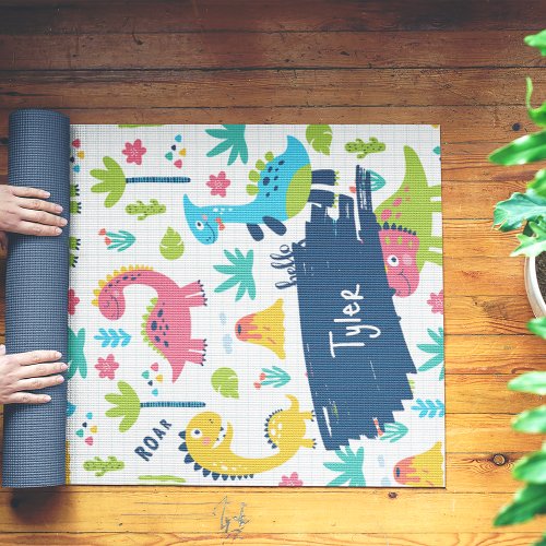 Colorful Dinosaur Pattern with Kids Name Yoga Mat