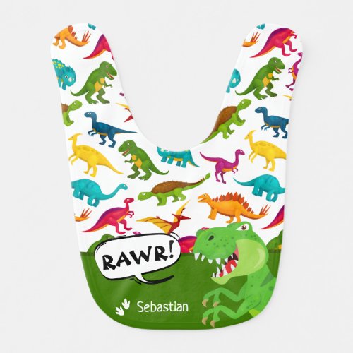 Colorful Dinosaur Pattern with Name T_Rex Green Baby Bib