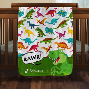 Colorful Dinosaur Pattern with Name T-Rex Green Baby Blanket