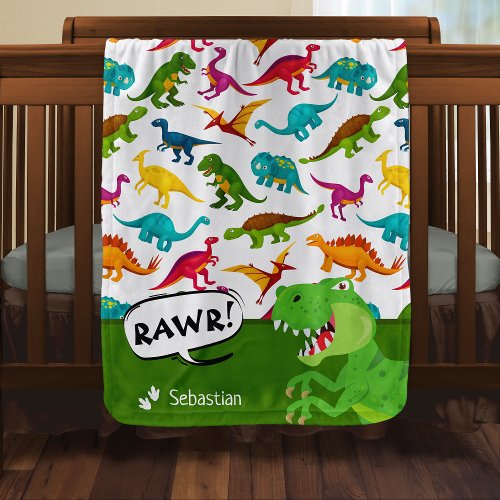 Colorful Dinosaur Pattern with Name T_Rex Green Baby Blanket