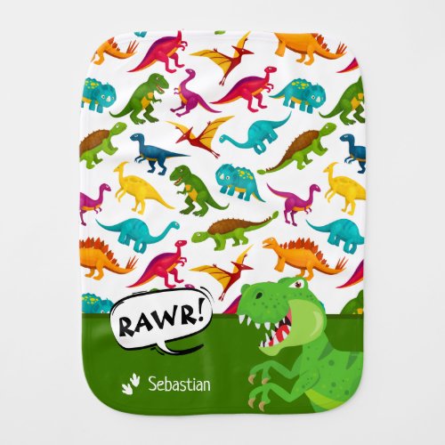 Colorful Dinosaur Pattern with Name T_Rex Green Baby Burp Cloth