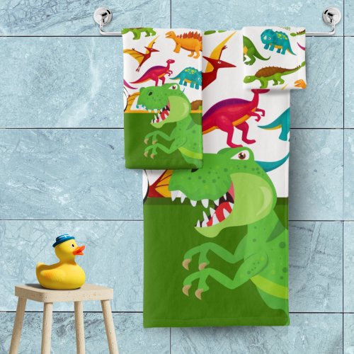 Colorful Dinosaur Pattern with Name T_Rex Green Bath Towel Set
