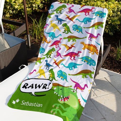 Colorful Dinosaur Pattern with Name T_Rex Green Beach Towel