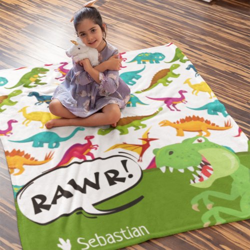 Colorful Dinosaur Pattern with Name T_Rex Green Fleece Blanket