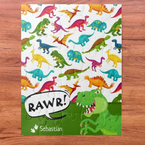 Colorful Dinosaur Pattern with Name T_Rex Green Jigsaw Puzzle