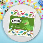 Colorful Dinosaur Pattern with Name T-Rex Green Napkins<br><div class="desc">Does your little boy or girl love dinosaurs? This custom birthday party paper napkin is perfect! There's a big T-Rex saying RAWR, dinosaur footprints and your little kid's name on white, a green background, and a fun colorful dino pattern. This paper napkin makes a great personalized addition to your birthday...</div>