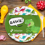 Colorful Dinosaur Pattern with Name T-Rex Green Paper Plates<br><div class="desc">Does your little boy or girl love dinosaurs? This custom birthday party paper plate is perfect! There's a big T-Rex saying RAWR, dinosaur footprints and your little kid's name on white, a green background, and a fun colorful dino pattern. This paper plate makes a great personalized addition to your birthday...</div>