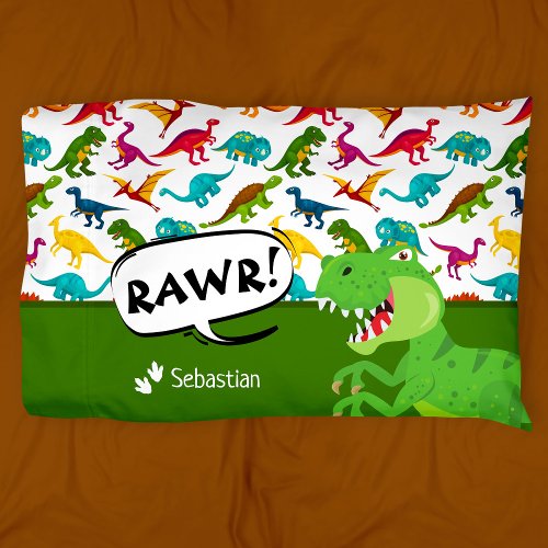 Colorful Dinosaur Pattern with Name T_Rex Green Pillow Case