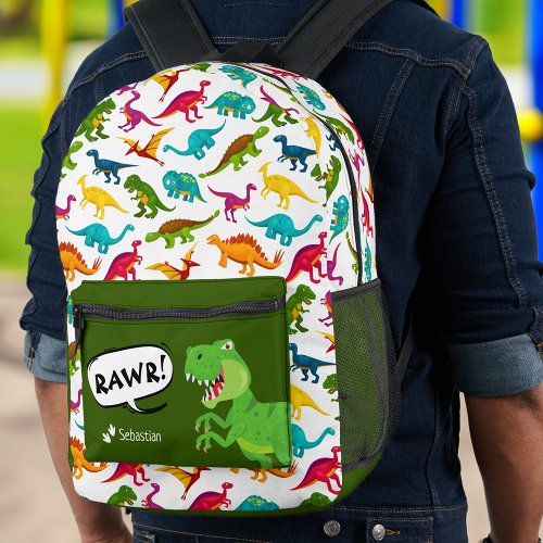 Colorful Dinosaur Pattern with Name T_Rex Green Printed Backpack
