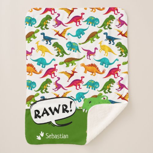 Colorful Dinosaur Pattern with Name T_Rex Green Sherpa Blanket