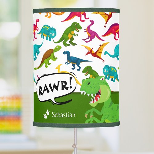 Colorful Dinosaur Pattern with Name T_Rex Green Table Lamp