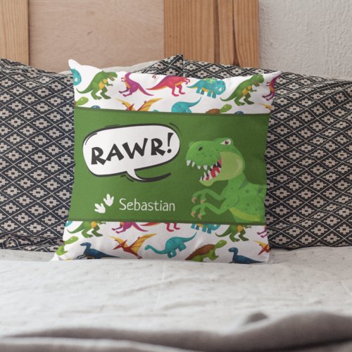 Colorful Dinosaur Pattern with Name T_Rex Green Throw Pillow