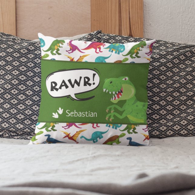 Colorful Dinosaur Pattern with Name T-Rex Green Throw Pillow (Creator Uploaded)