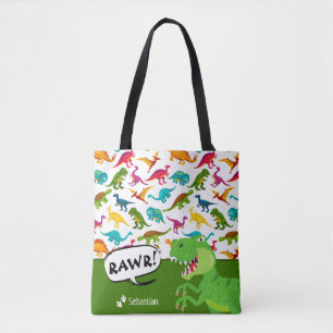 Colorful Dinosaur Pattern with Name T-Rex Green Tote Bag
