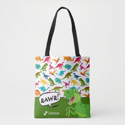 Colorful Dinosaur Pattern with Name T_Rex Green Tote Bag