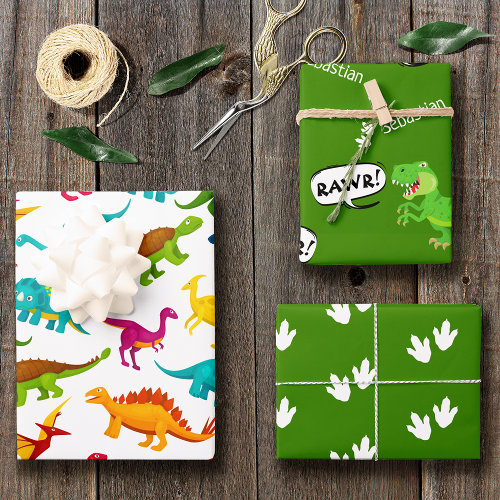 Colorful Dinosaur Pattern with Name Wrapping Paper Sheets