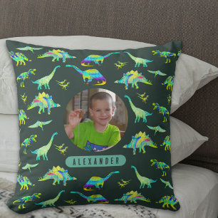 Colorful Dinosaur Personalized Boys Photo and Name Throw Pillow