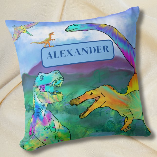 Colorful Dinosaur Personalized Kids Name Throw Pillow (Colorful dinosaur personalized name kids pillow Fun dino bedroom home decor)
