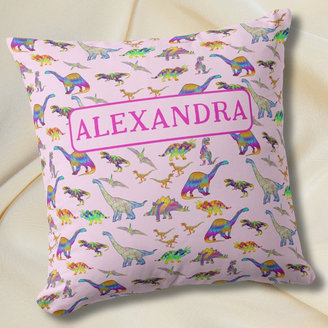 Colorful Dinosaur Personalized Name Throw Pillow (Cute dinosaur personalized name pink pillow colorful dino pattern bedroom home decor for girls)