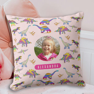 Colorful Dinosaur Personalized Photo and Name Pink Throw Pillow