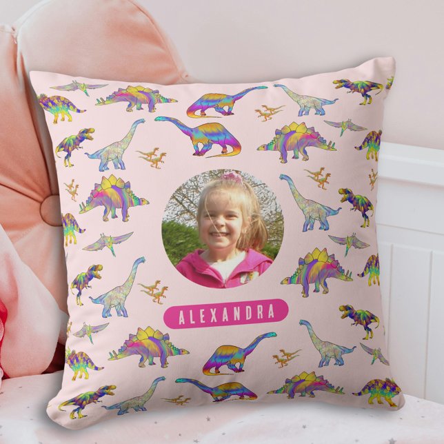 Colorful Dinosaur Personalized Photo and Name Pink Throw Pillow (Colorful dinosaur pattern personalized name and photo girls pink pillow)