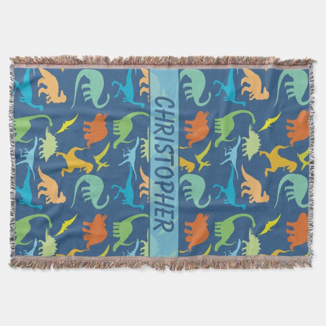 Colorful Dinosaur Personalized Throw Blanket (Front)