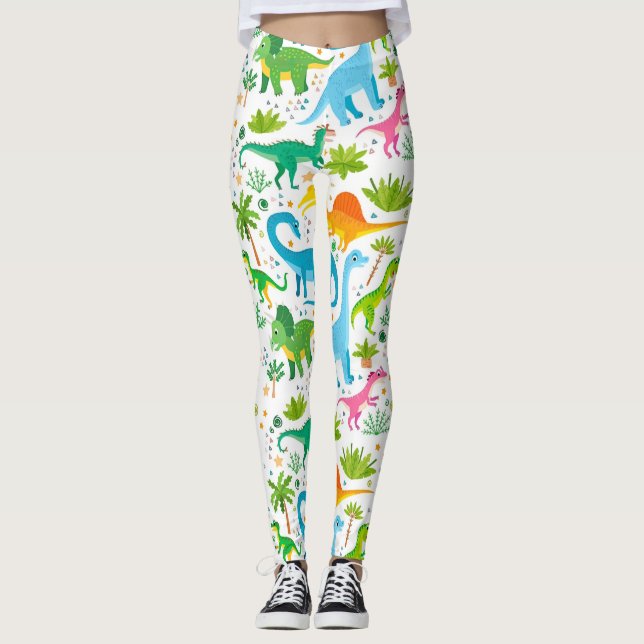 Colorful Dinosaur Seamless Pattern, Dinosaur Seaml Leggings (Front)