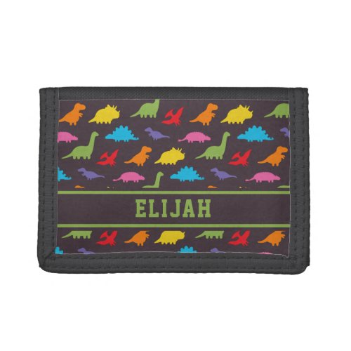 Colorful Dinosaur Silhouettes Pattern Kids Name Trifold Wallet